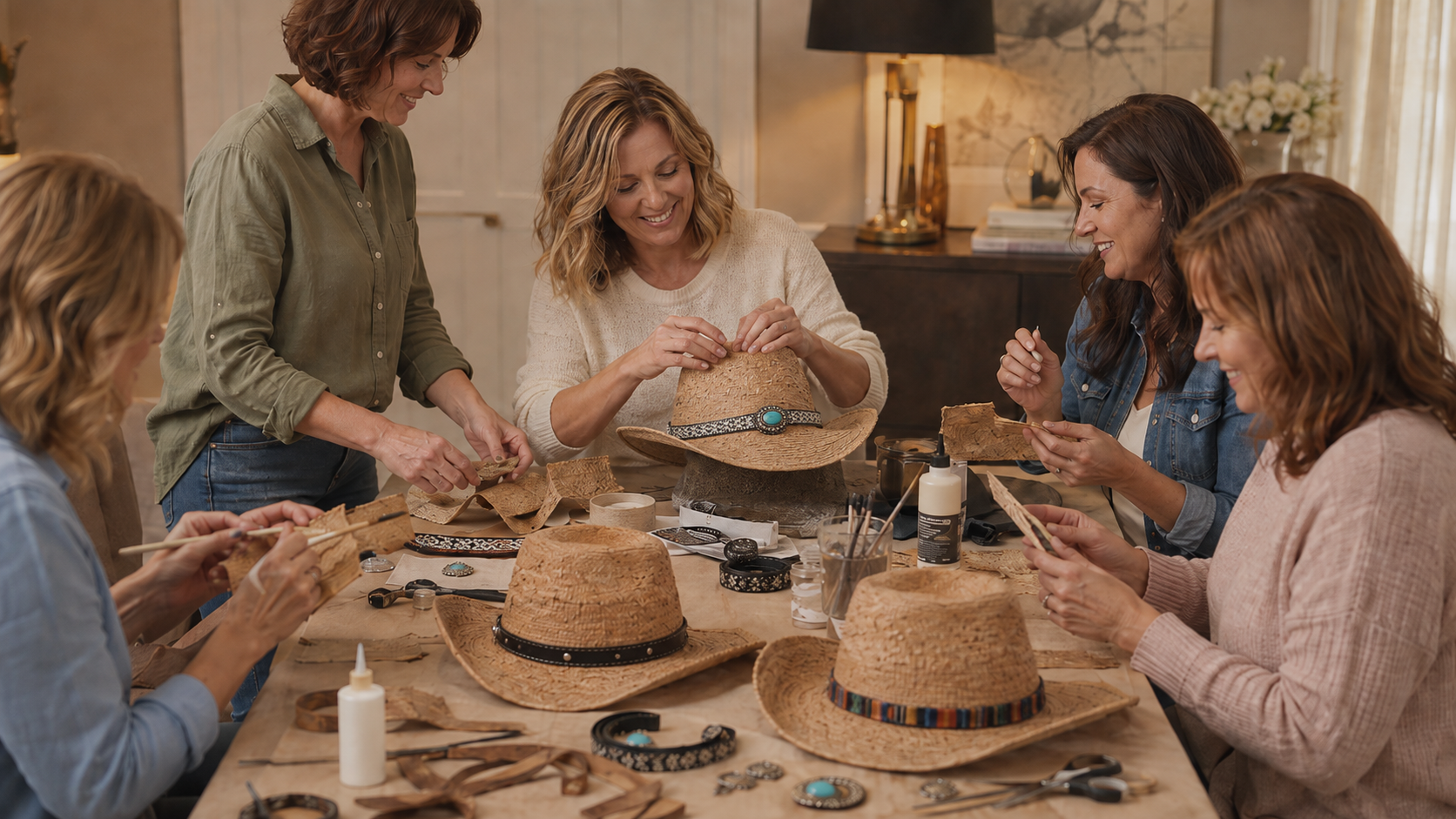 A group of women decorating handmade straw western-style hats together at a hat-making workshop